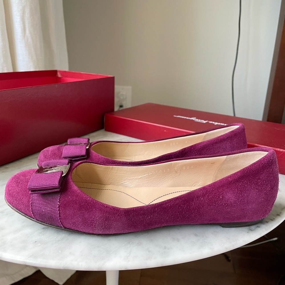 Salvatore Fraggamo flats, burgundy/purple suede, 6.5, gently used, silver hard